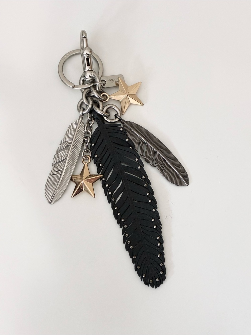 Coach Mixed Feathers And Stars Leather Silver Gold Metal Bag Charm, Boho Western